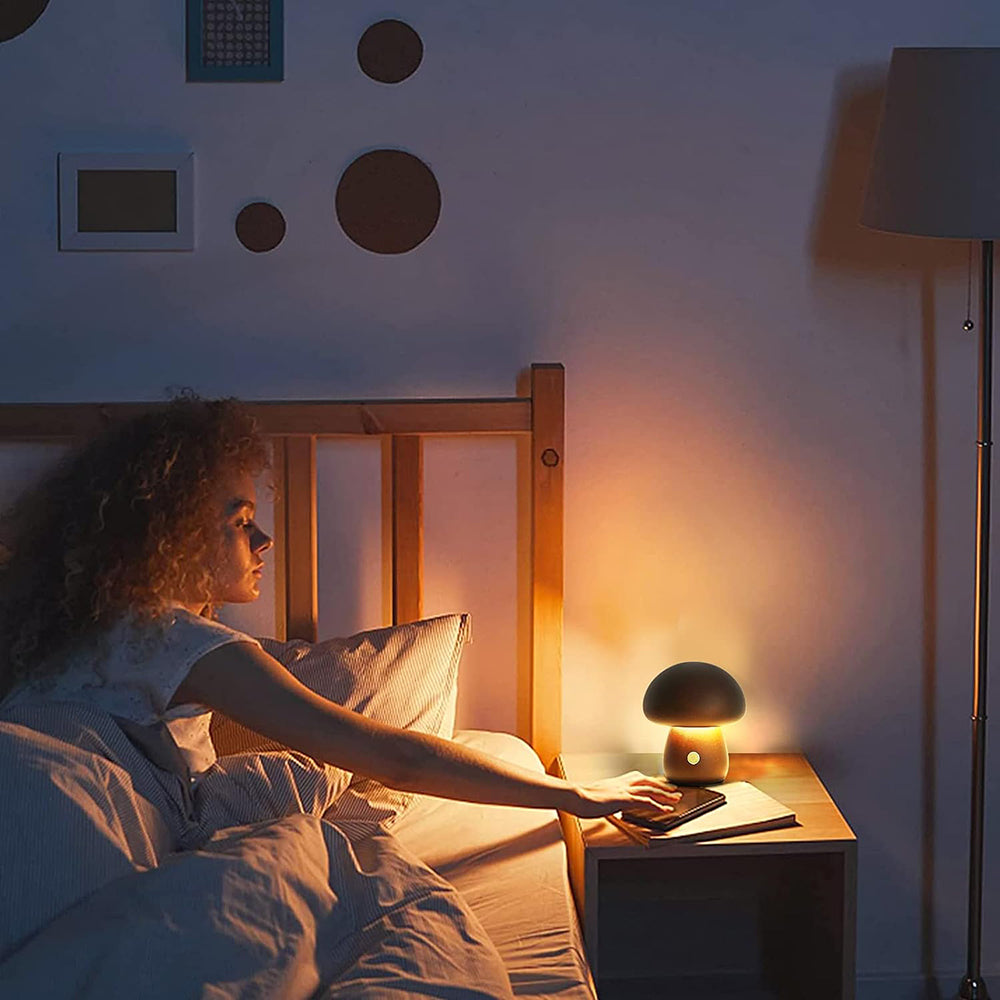 Wooden Mushroom LED Night Light for Bedroom - USB Rechargeable