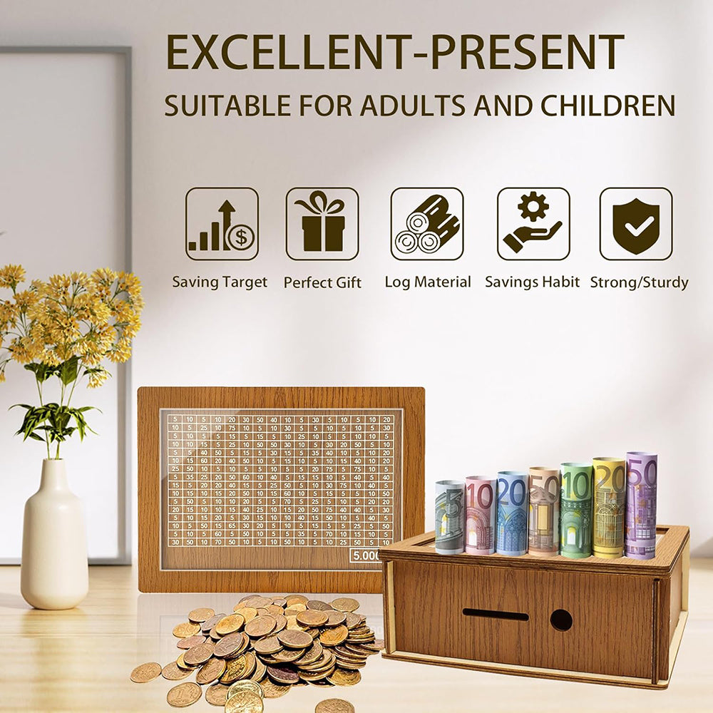 Large Capacity Wooden Piggy Bank Cash Box with Counter - Suitable for EURO