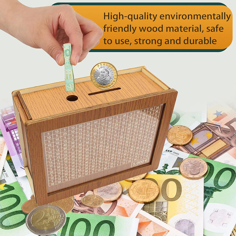 Large Capacity Wooden Piggy Bank Cash Box with Counter - Suitable for EURO