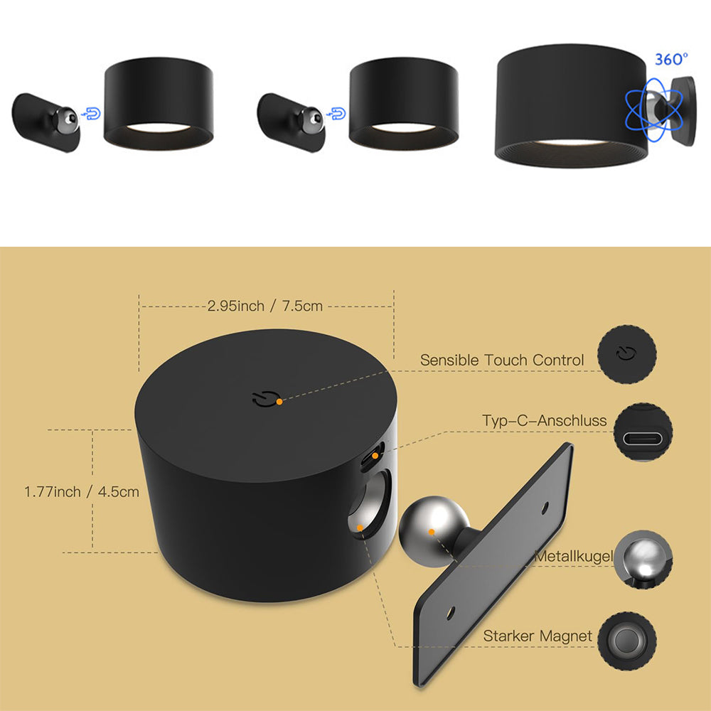 360° Rotatable Dimmable Touch Control Magnetic Ball Light LED Wall Sconce - USB Rechargeable