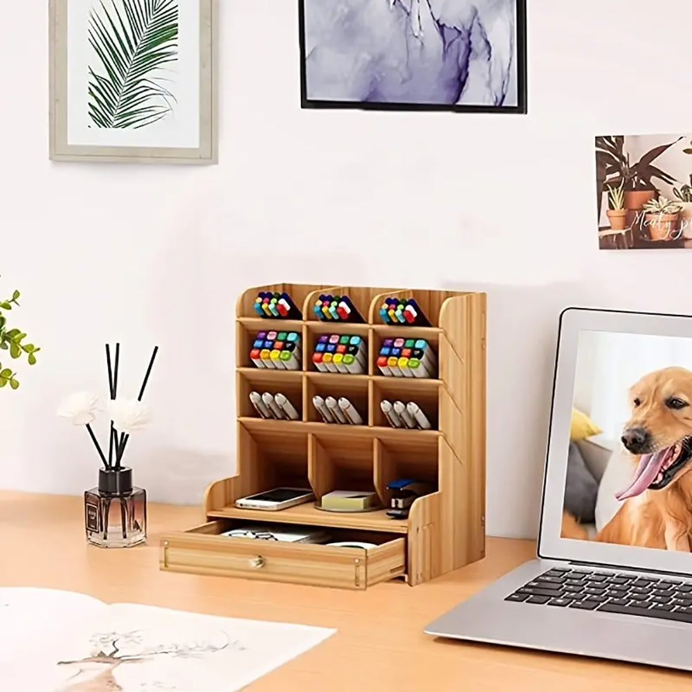 Wooden Desk Organizer Student Stationery Storage Box