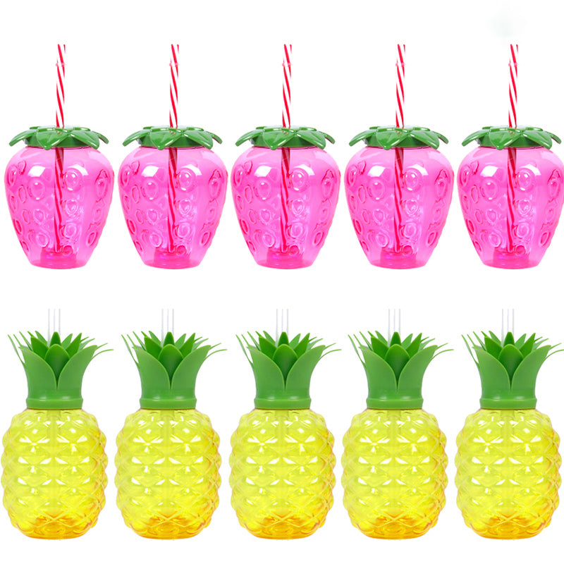 10pcs Plastic Strawberry Pineapple Drinking Cup with Straw
