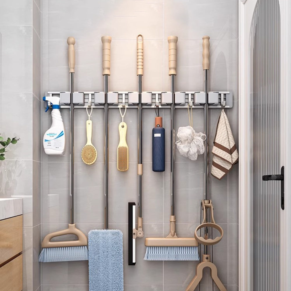 Wall Mounted Strong Broom Mop Holder Self Hooks Organizers