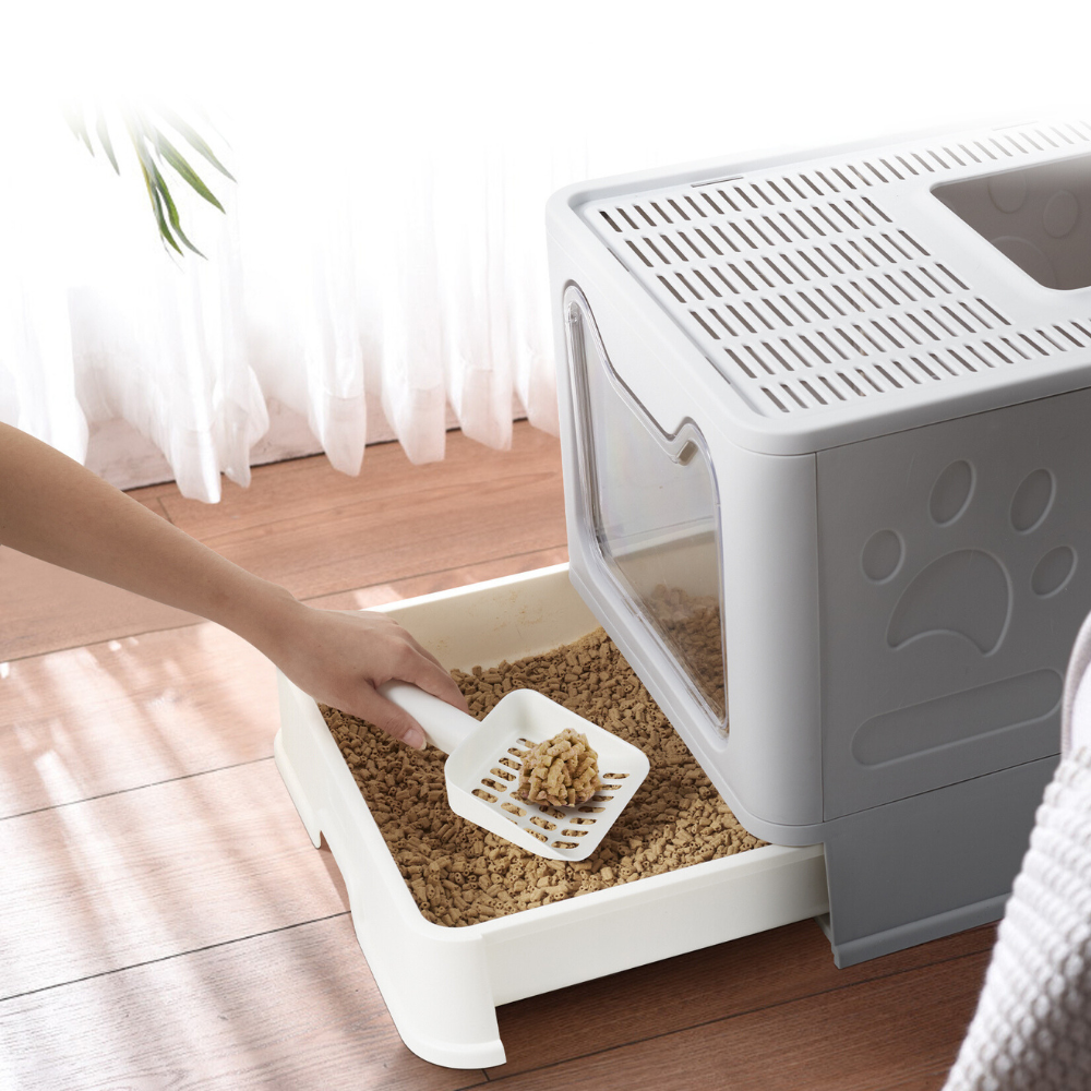 Large Space Foldable Cat Litter Box with Front Entry & Top Exit with Tray