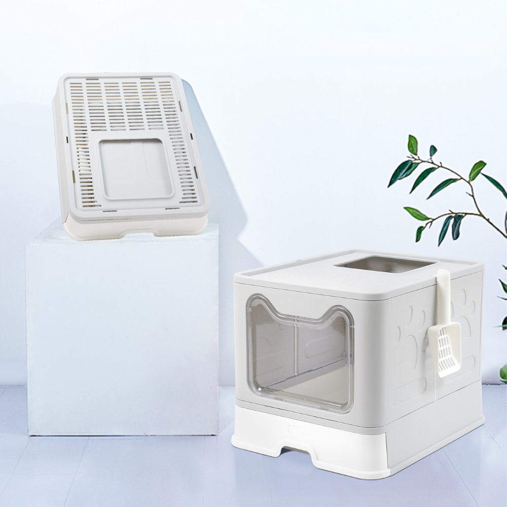 Large Space Foldable Cat Litter Box with Front Entry & Top Exit with Tray