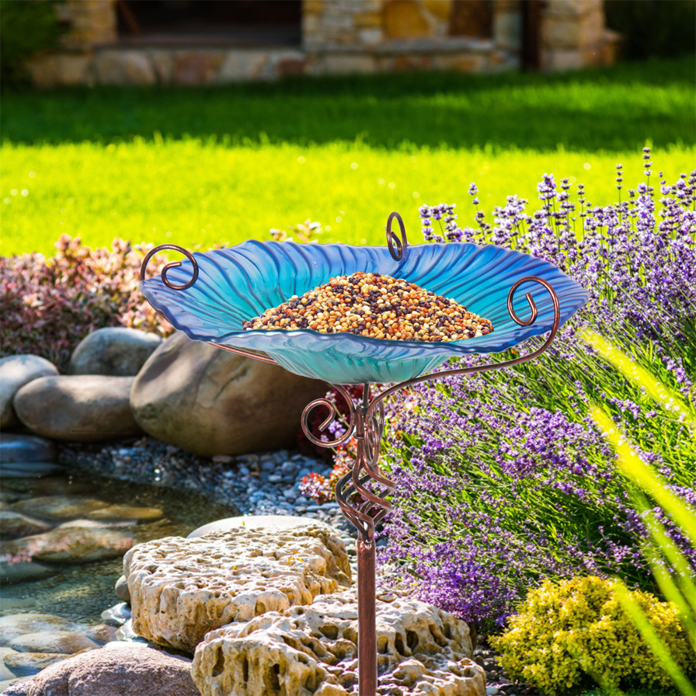 30'' Height Flower Glass Bird Bath Garden Outdoor Bird Feeder with Metal Stake