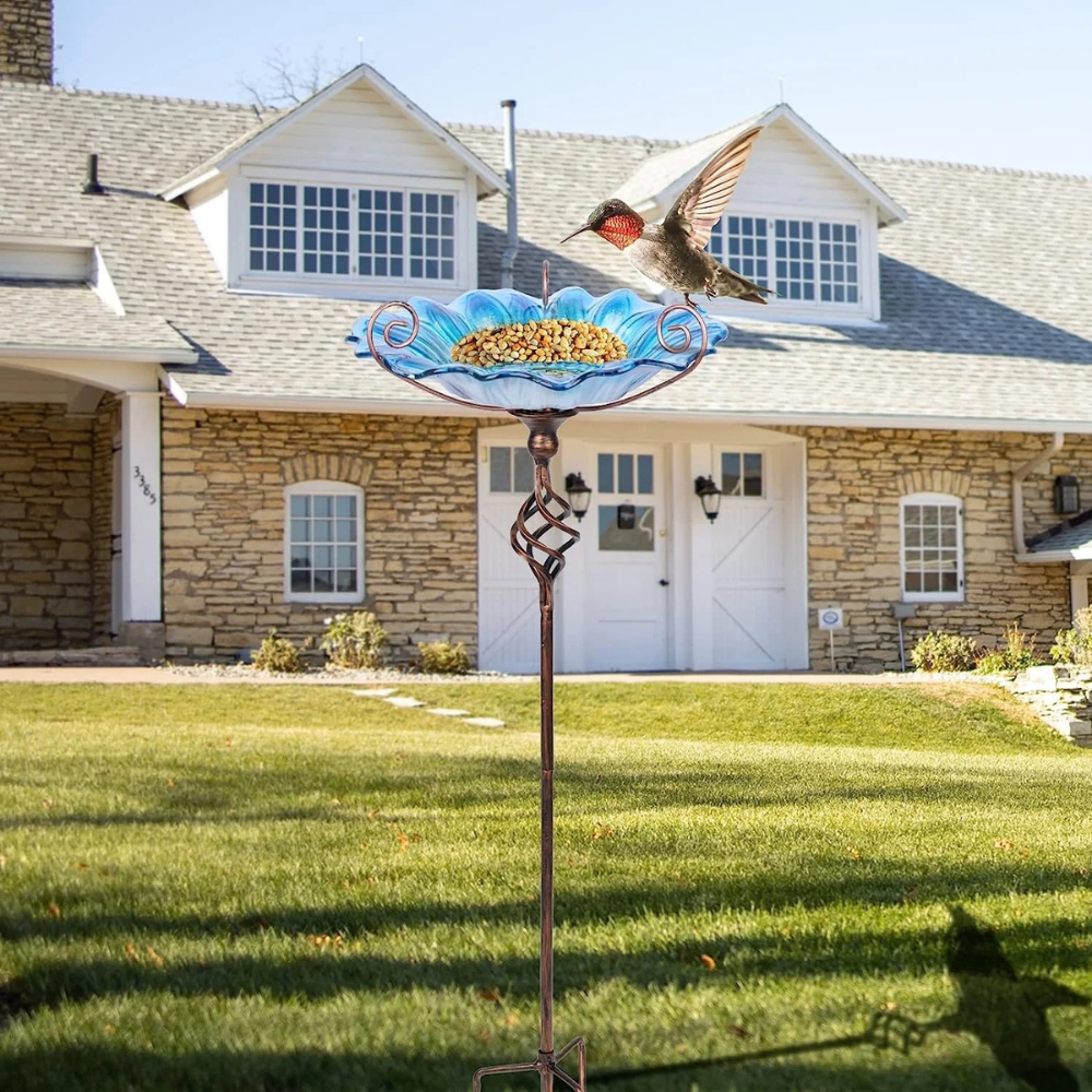 30'' Height Flower Glass Bird Bath Garden Outdoor Bird Feeder with Metal Stake