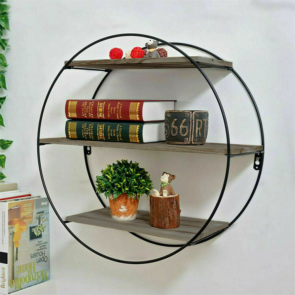 3 Tier Floating Wall Mounted Rustic Industrial Wood Metal Shelves