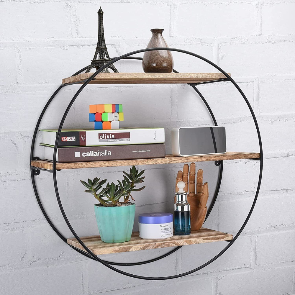 3 Tier Floating Wall Mounted Rustic Industrial Wood Metal Shelves