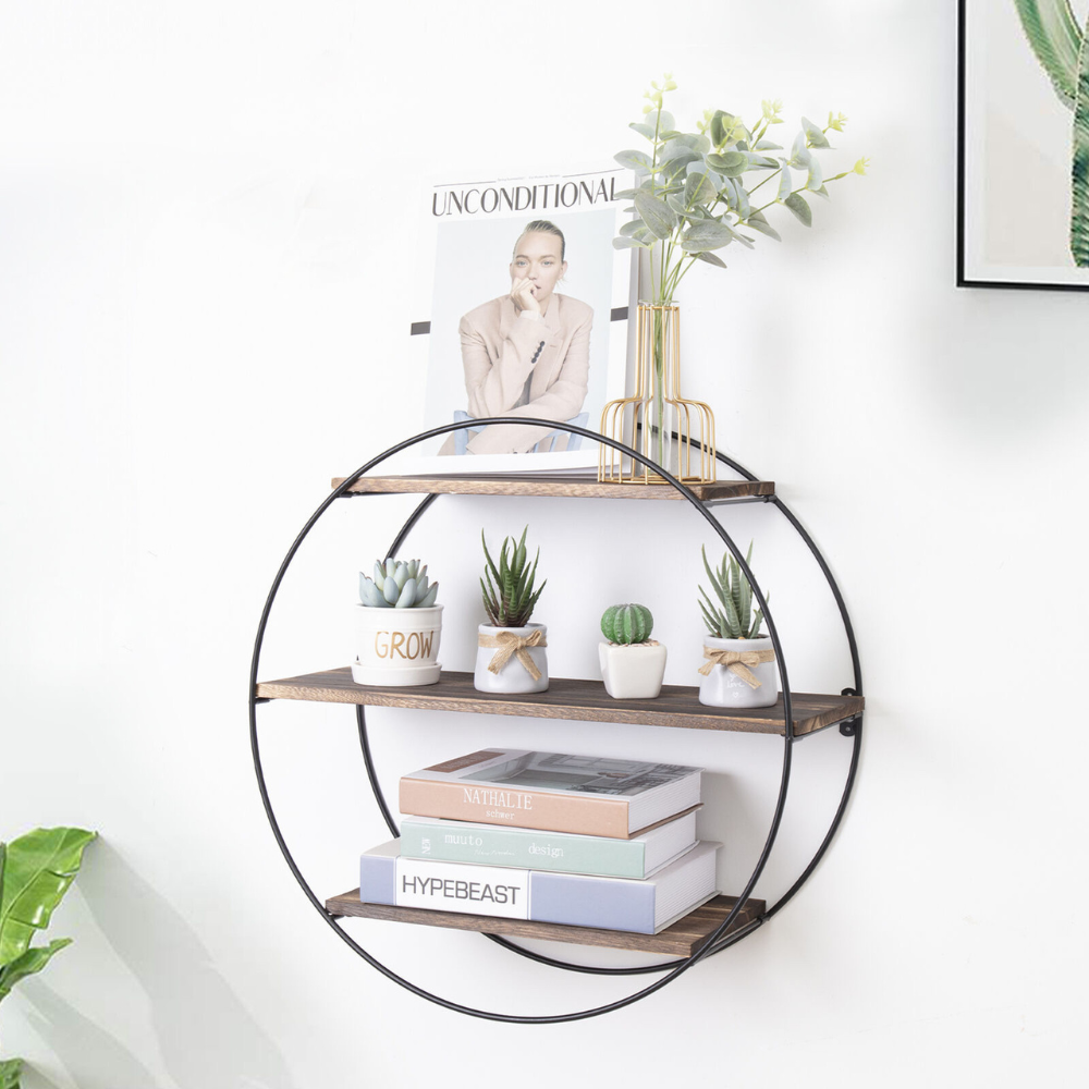 3 Tier Floating Wall Mounted Rustic Industrial Wood Metal Shelves