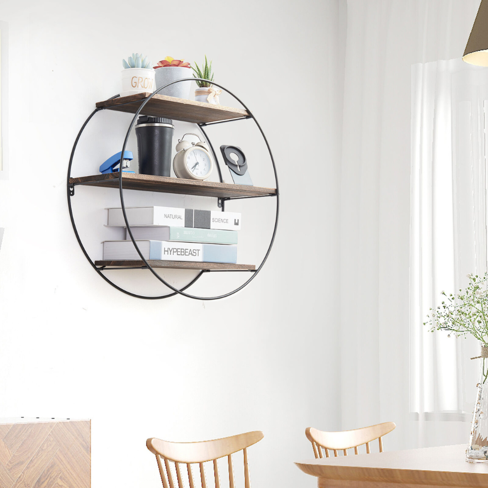 3 Tier Floating Wall Mounted Rustic Industrial Wood Metal Shelves