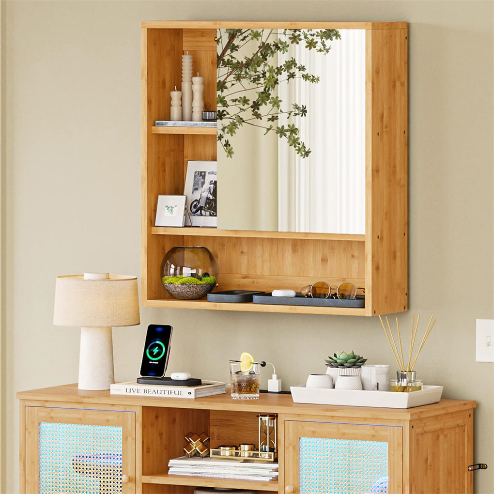 Natural Bamboo Bathroom Vanity Mirror Cabinet Wall Mounted Cupboard