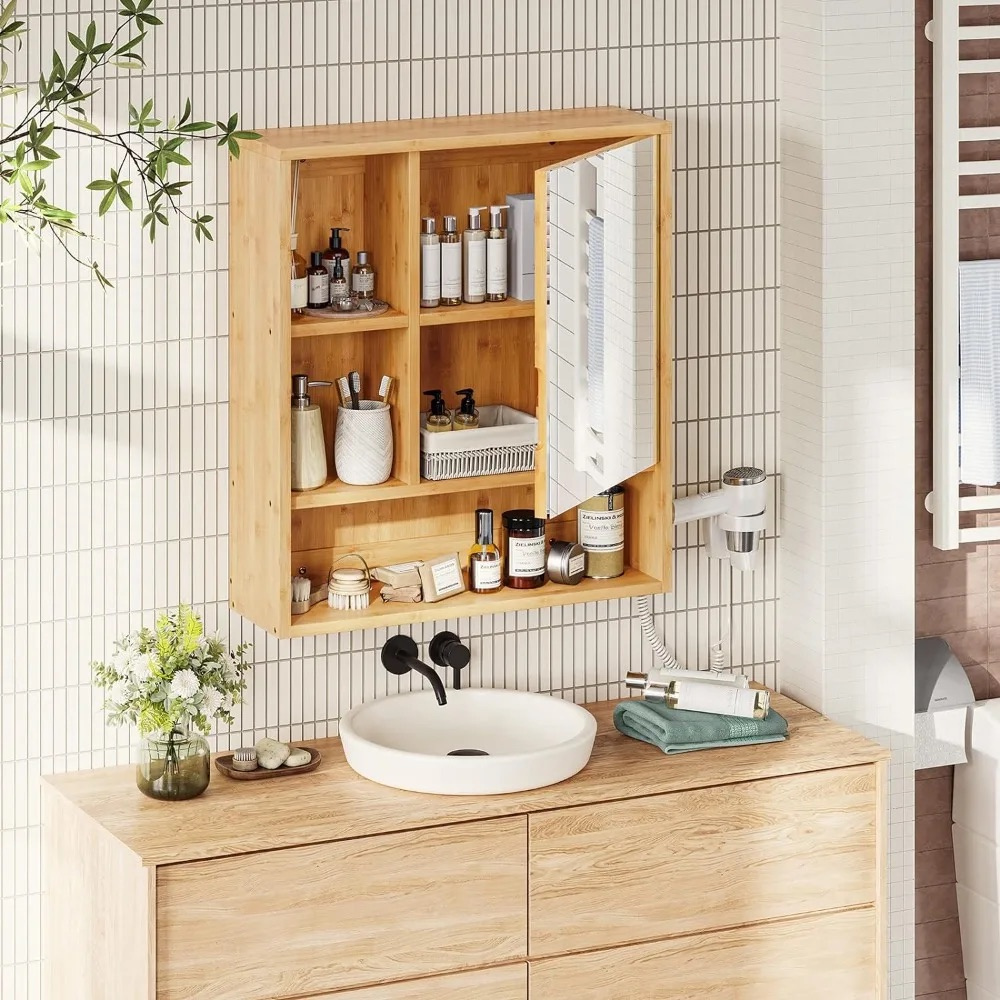 Natural Bamboo Bathroom Vanity Mirror Cabinet Wall Mounted Cupboard