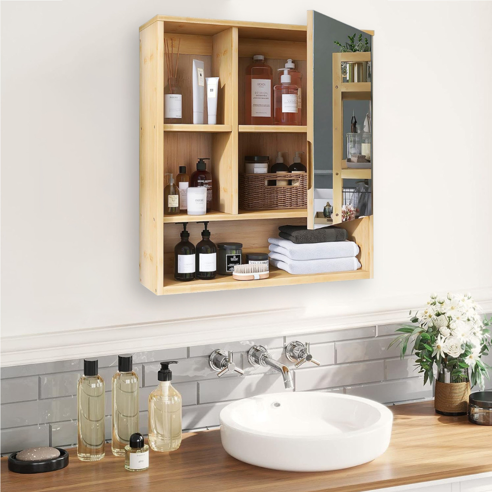 Natural Bamboo Bathroom Vanity Mirror Cabinet Wall Mounted Cupboard