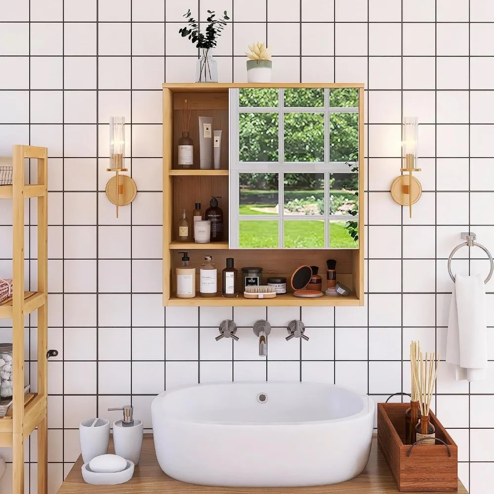 Natural Bamboo Bathroom Vanity Mirror Cabinet Wall Mounted Cupboard