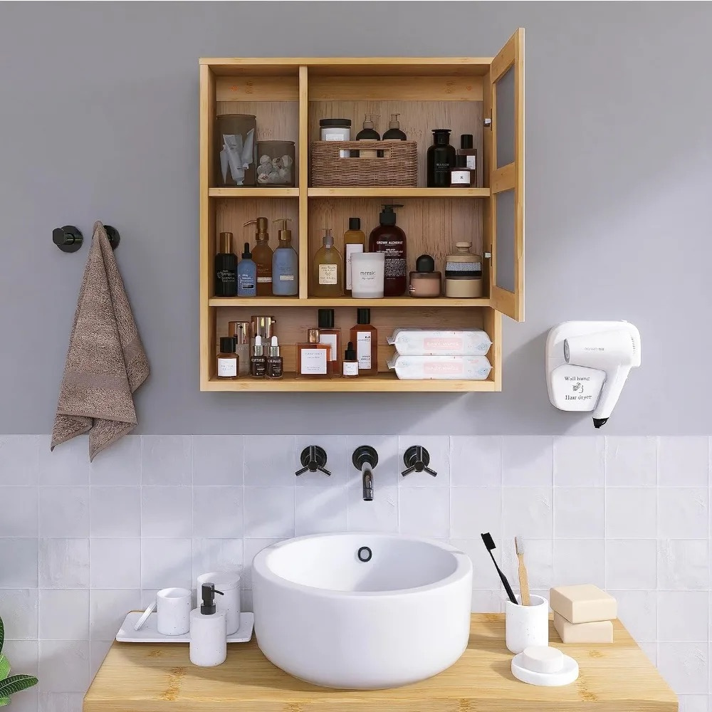 Natural Bamboo Bathroom Vanity Mirror Cabinet Wall Mounted Cupboard