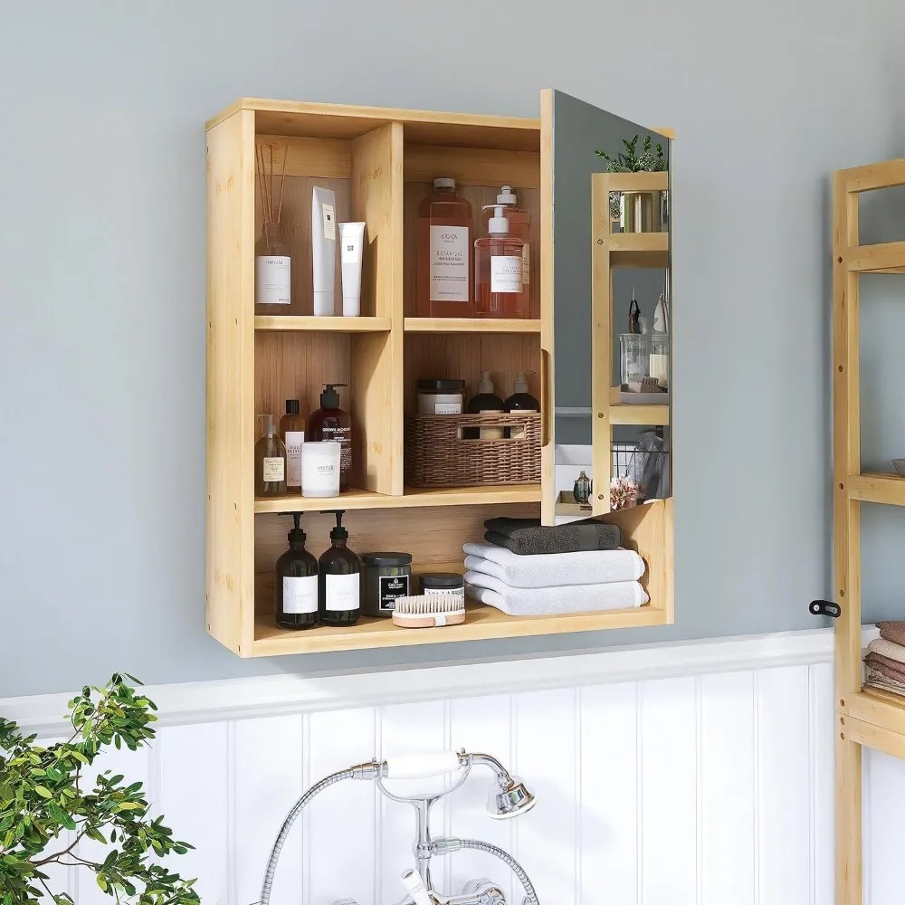 Natural Bamboo Bathroom Vanity Mirror Cabinet Wall Mounted Cupboard