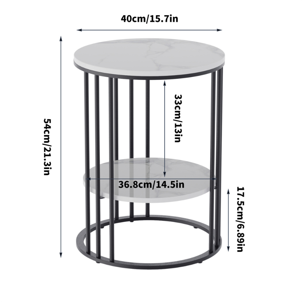 Round Marble Accent Table End 2 Tiers Storage Table - Black