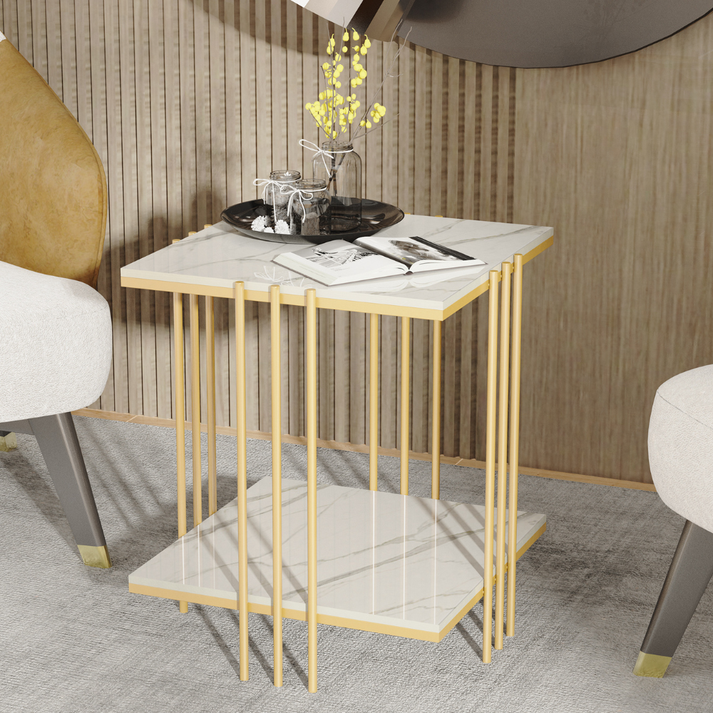 2 Tier Square Marble Top Side Table