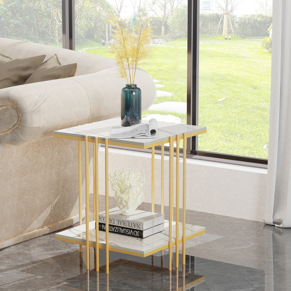 2 Tier Square Marble Top Side Table