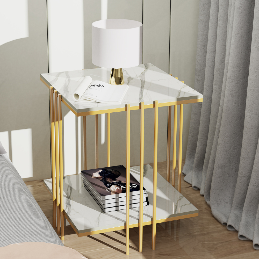 2 Tier Square Marble Top Side Table
