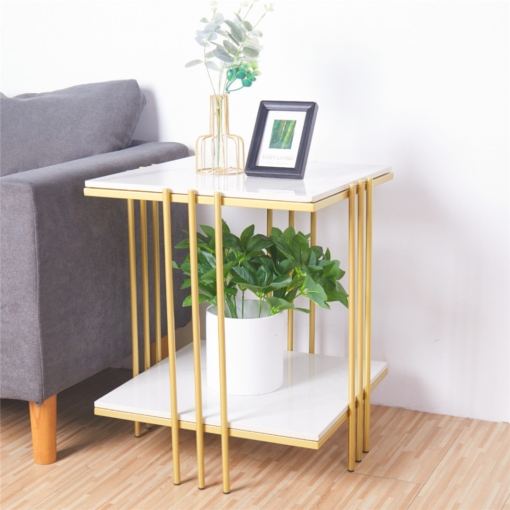 2 Tier Square Marble Top Side Table