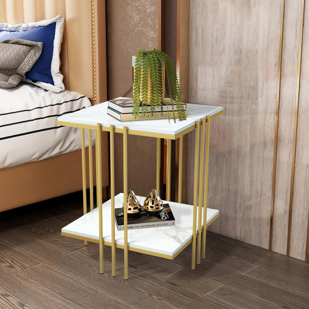2 Tier Square Marble Top Side Table