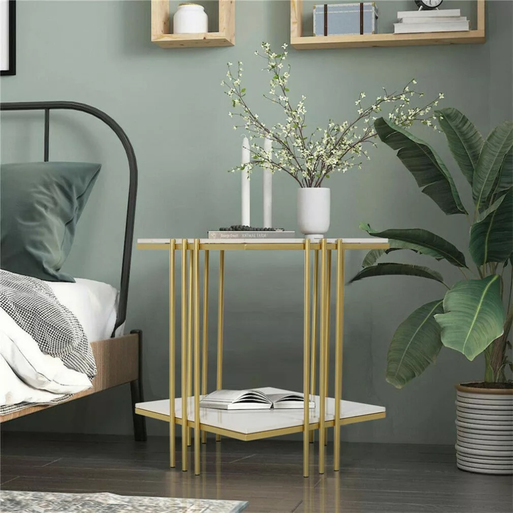 2 Tier Square Marble Top Side Table