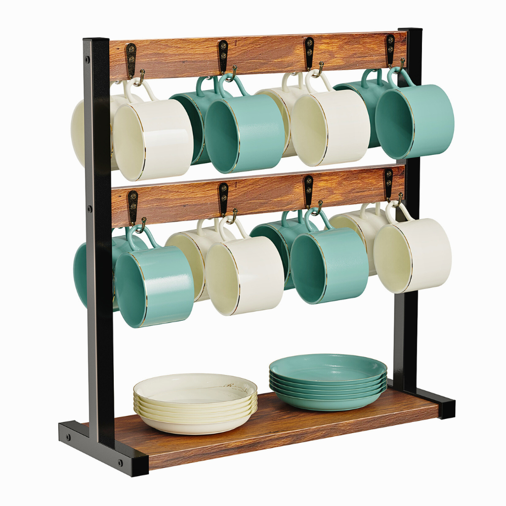 2 Tier Vintage Wood Coffee Mug Holder Stand