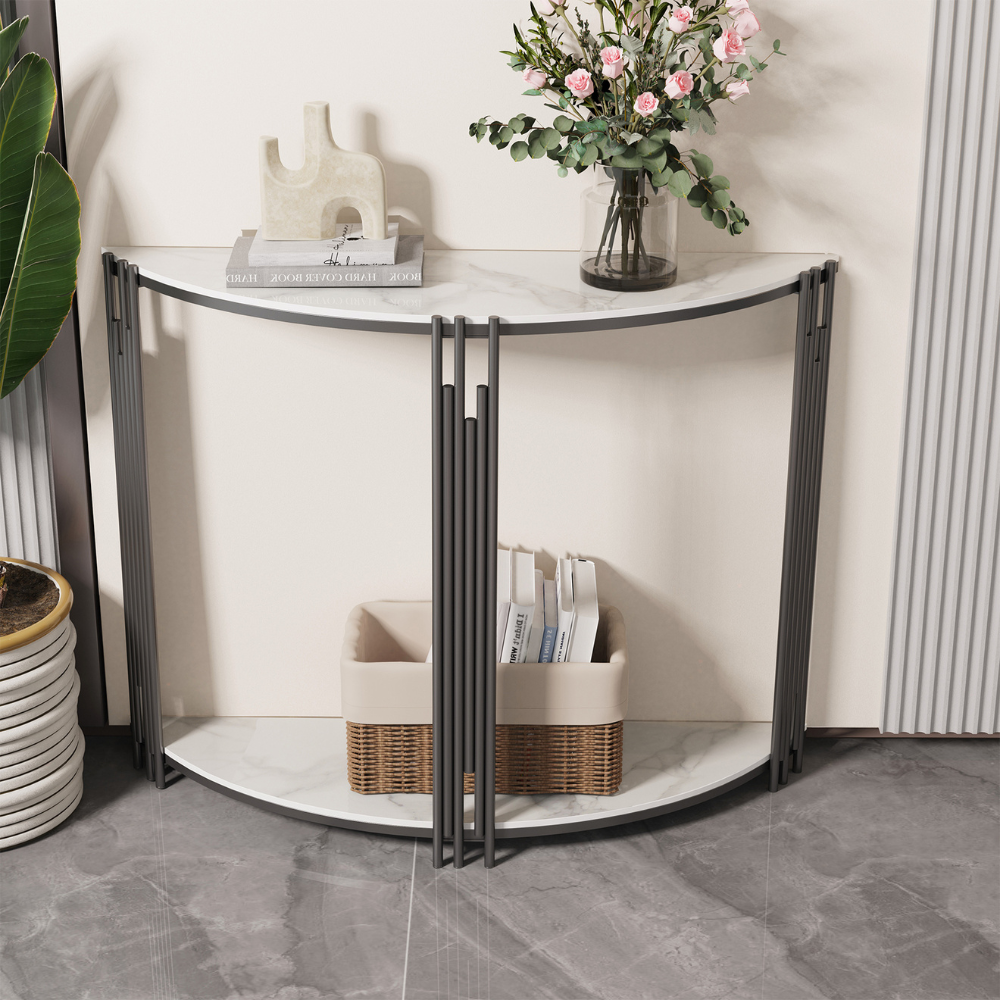 Half Moon Tiered Real Marble Entry Console Table Hallway Entryway Furniture