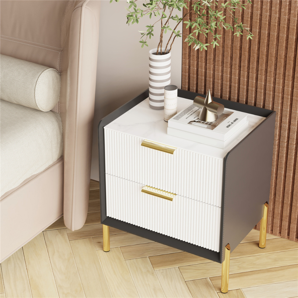 2 Tier Side Table Nightstand with Sintered Stone Tabletop and Chrome Legs