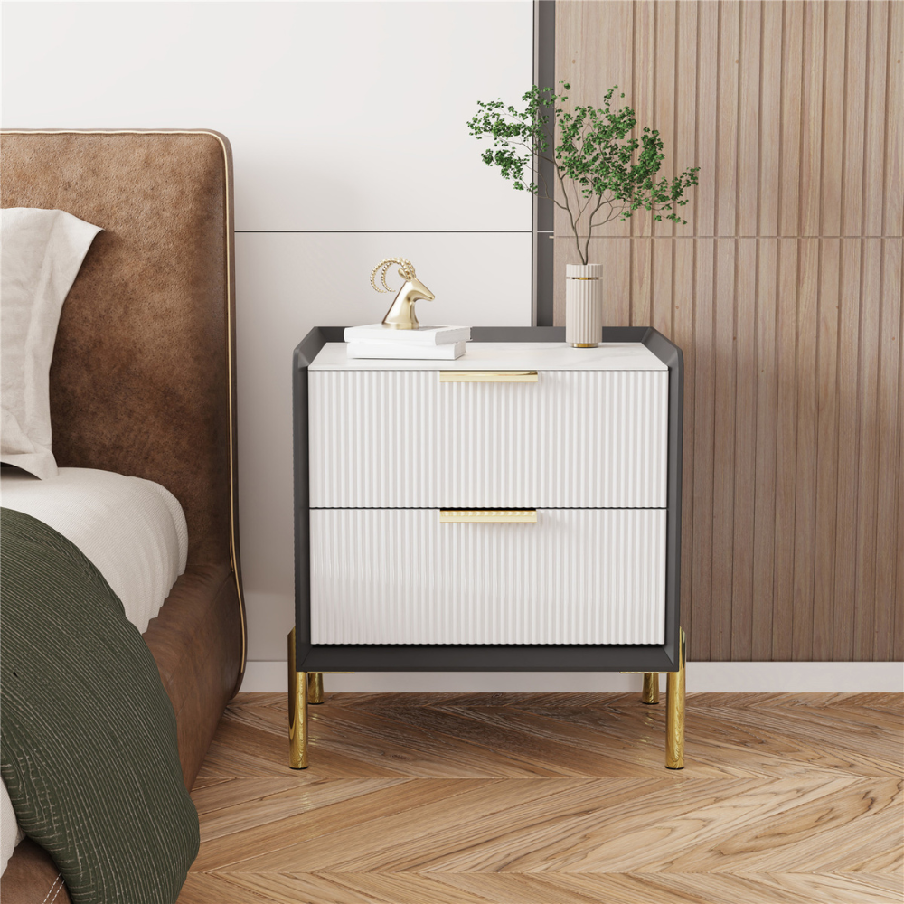2 Tier Side Table Nightstand with Sintered Stone Tabletop and Chrome Legs