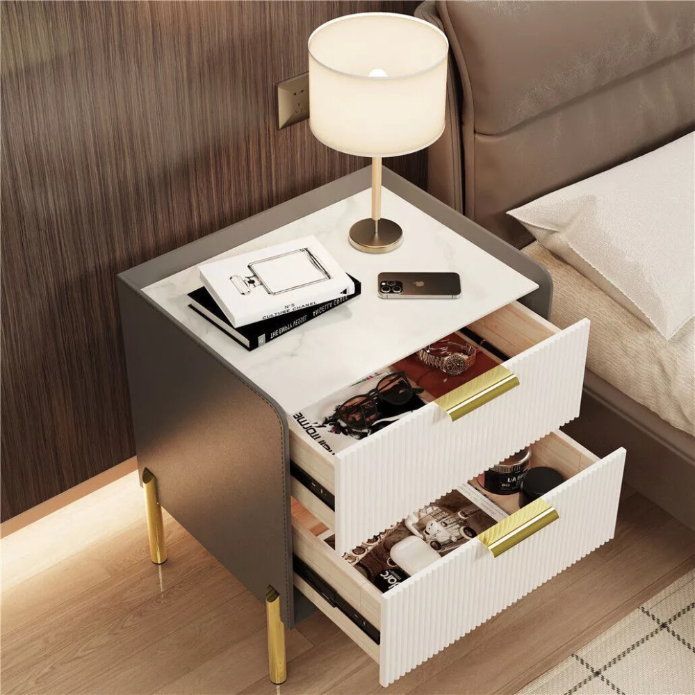 2 Tier Side Table Nightstand with Sintered Stone Tabletop and Chrome Legs