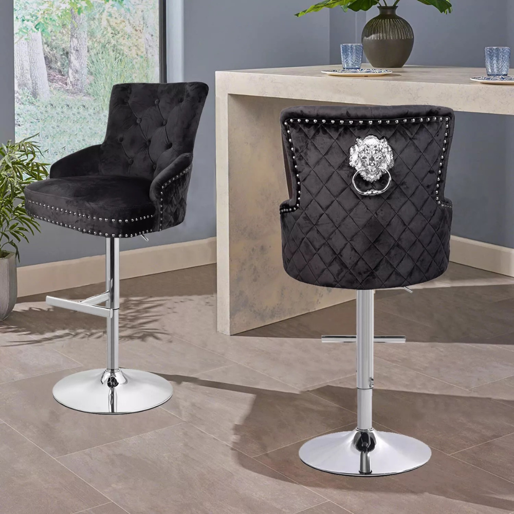 Luxurious Velvet Swivel Bar Stool with Lion Knocker & High Back