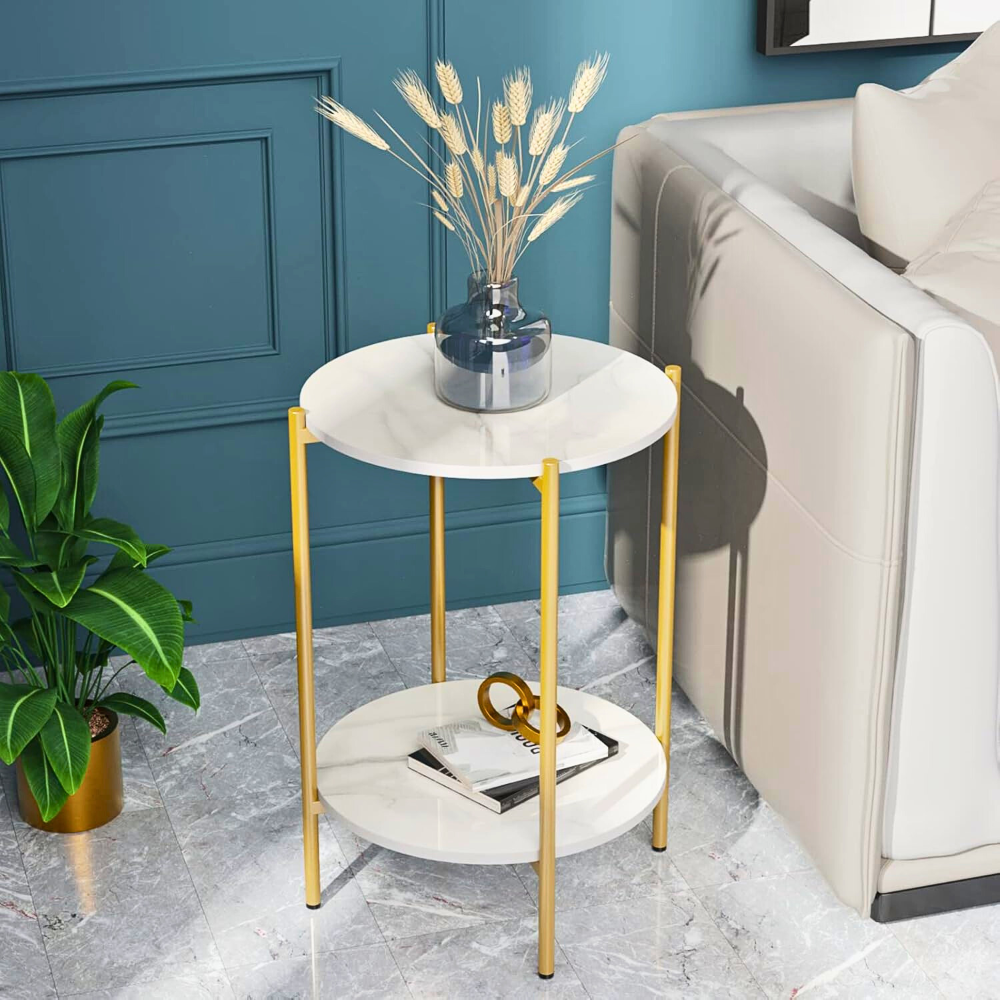 2 Tier Round Coffee End Table with Storage Shelf