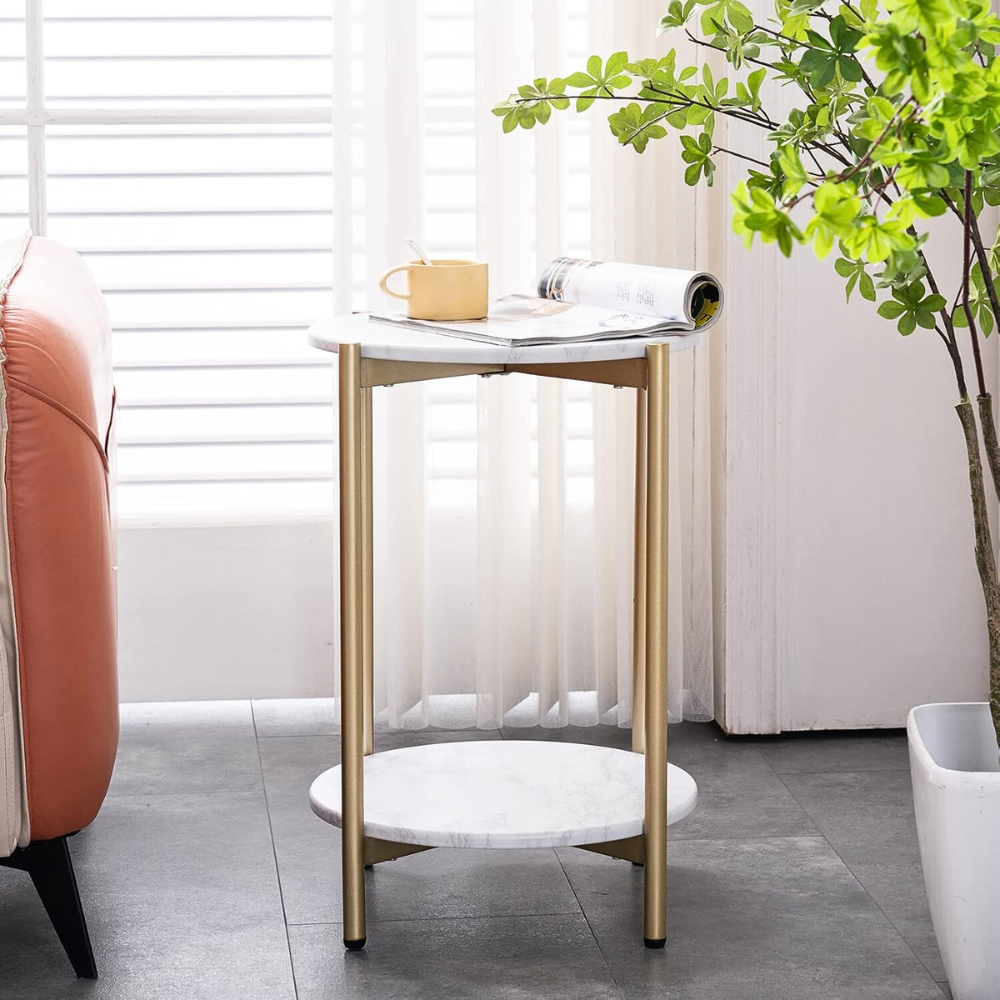 2 Tier Round Coffee End Table with Storage Shelf