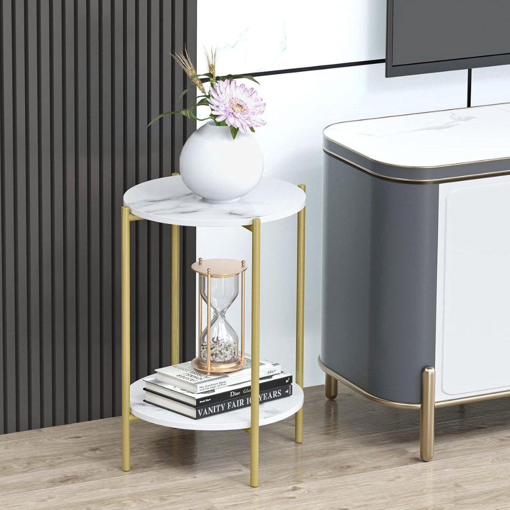 2 Tier Round Coffee End Table with Storage Shelf