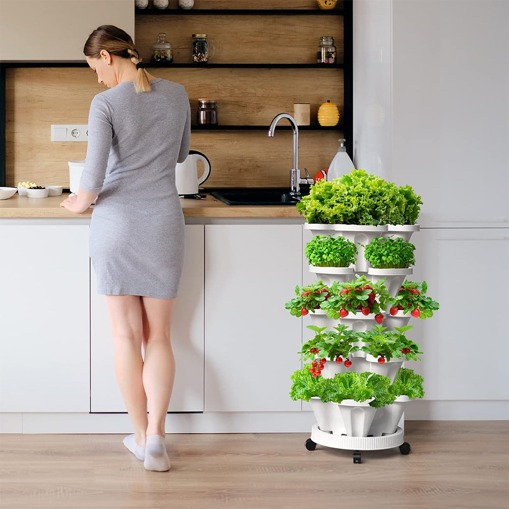 GREENHAVEN 5-Tier Stackable Planter, Indoor and Outdoor Gardening Planter with Removable Wheels and Tools