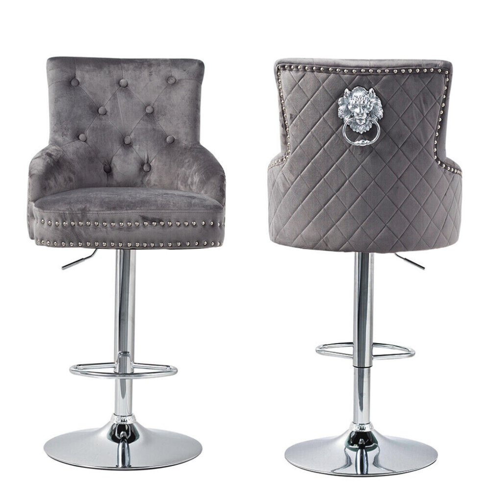 Velvet Swivel Bar Stools with Luxurious Upholstery and Lion Knocker Detail