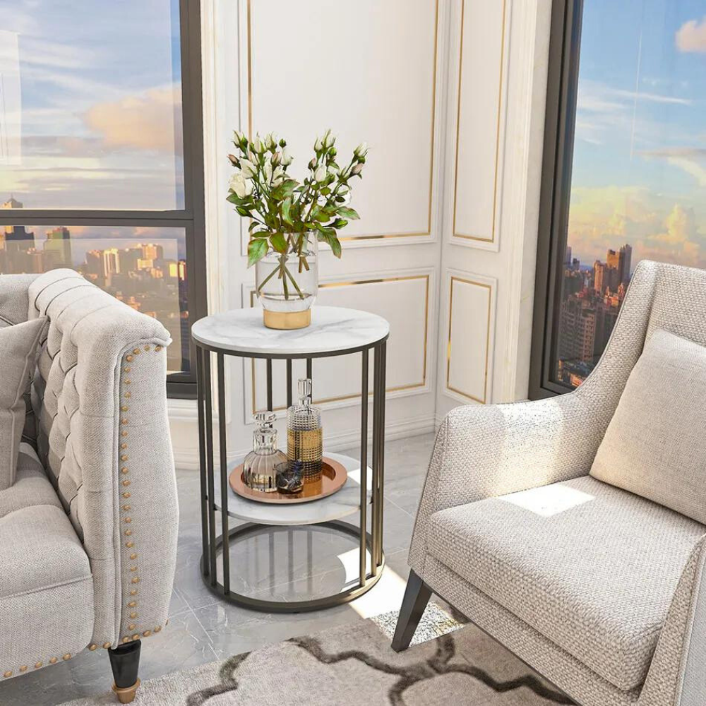 Stylish Two-Tier Modern Side Table with Metal Frame