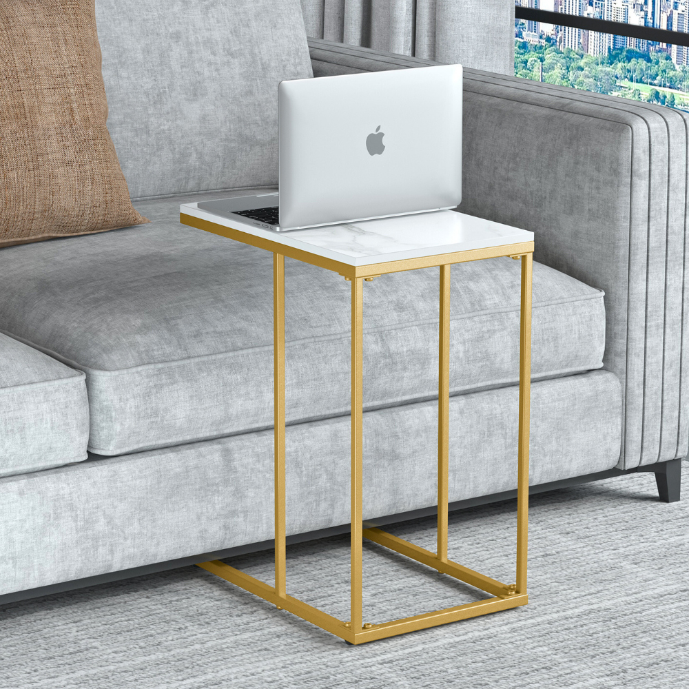Modern C-Shaped Sofa Side Table with White Sintered Stone Table-top and Metal Iron Legs