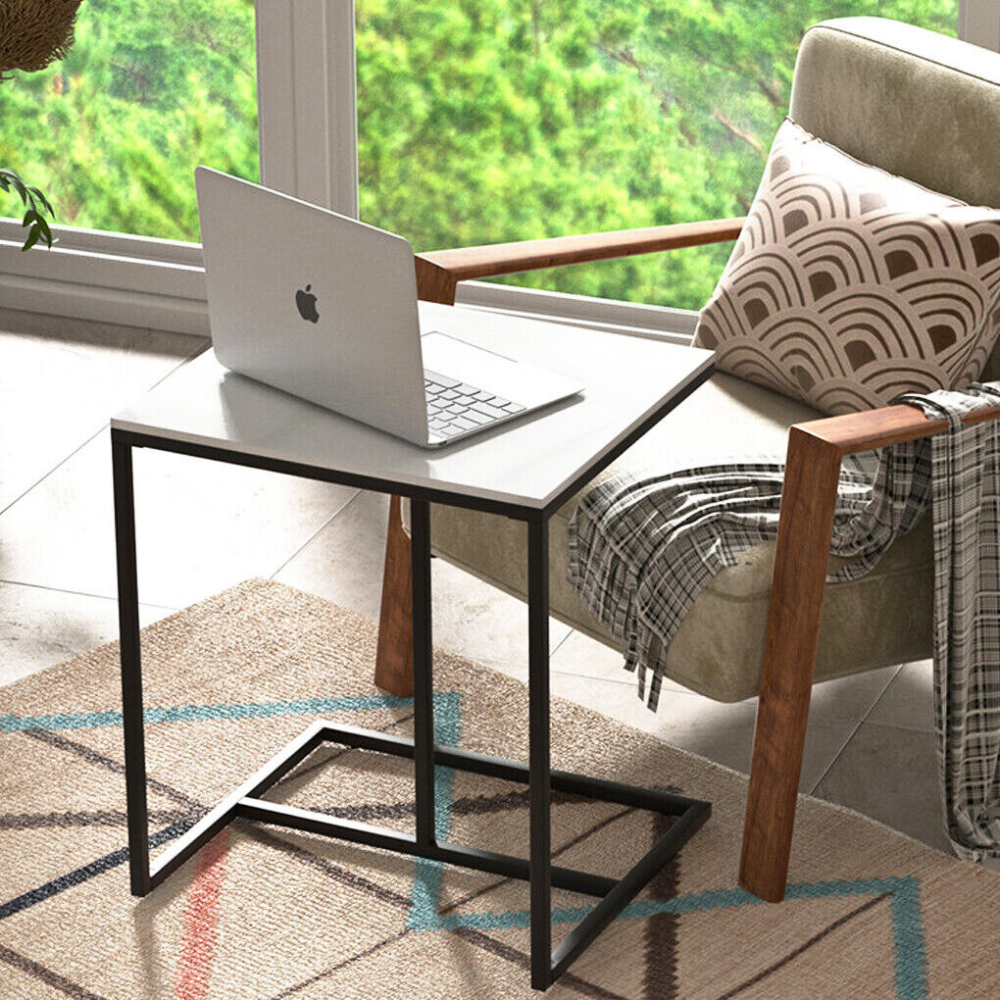 Modern C-Shaped Sofa Side Table with White Sintered Stone Table-top and Metal Iron Legs