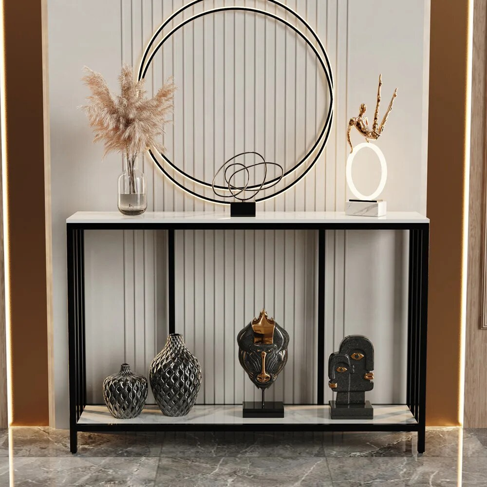 Modern White Marble Console Table with Storage Shelf