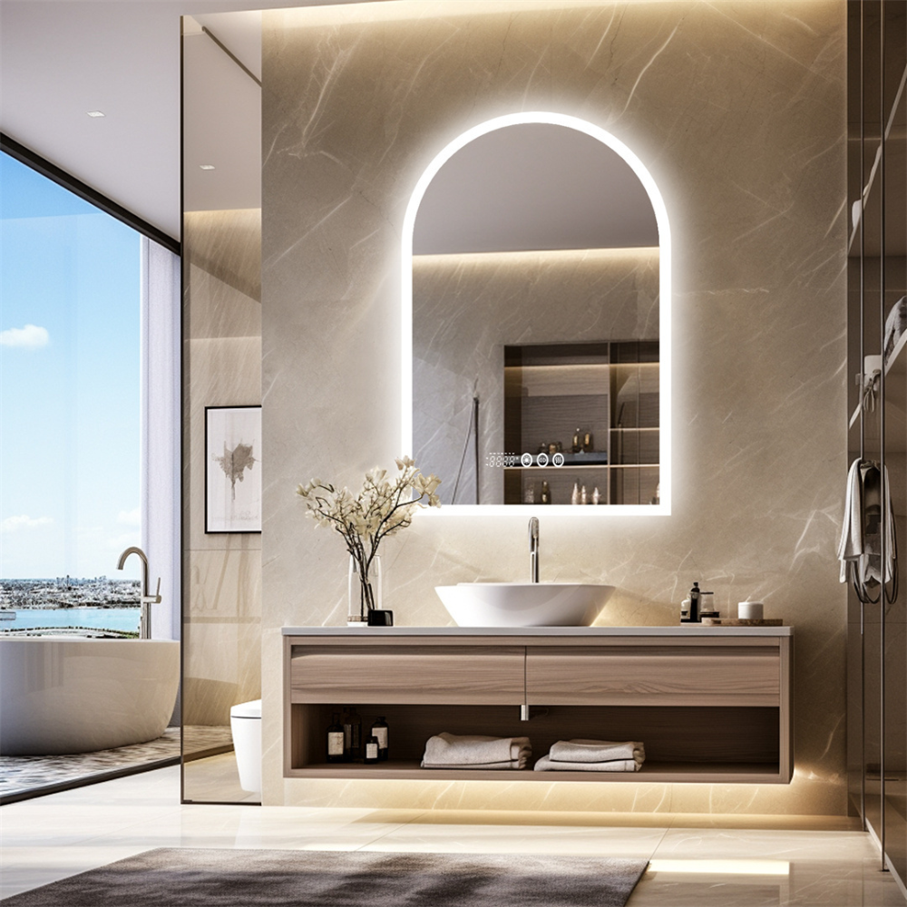 Chic Backlit Bathroom Vanity Mirror with Time and Temperature Display