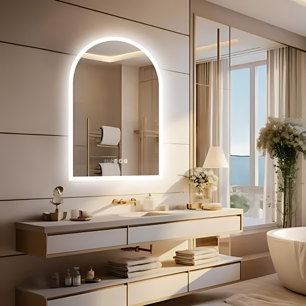 Chic Backlit Bathroom Vanity Mirror with Time and Temperature Display