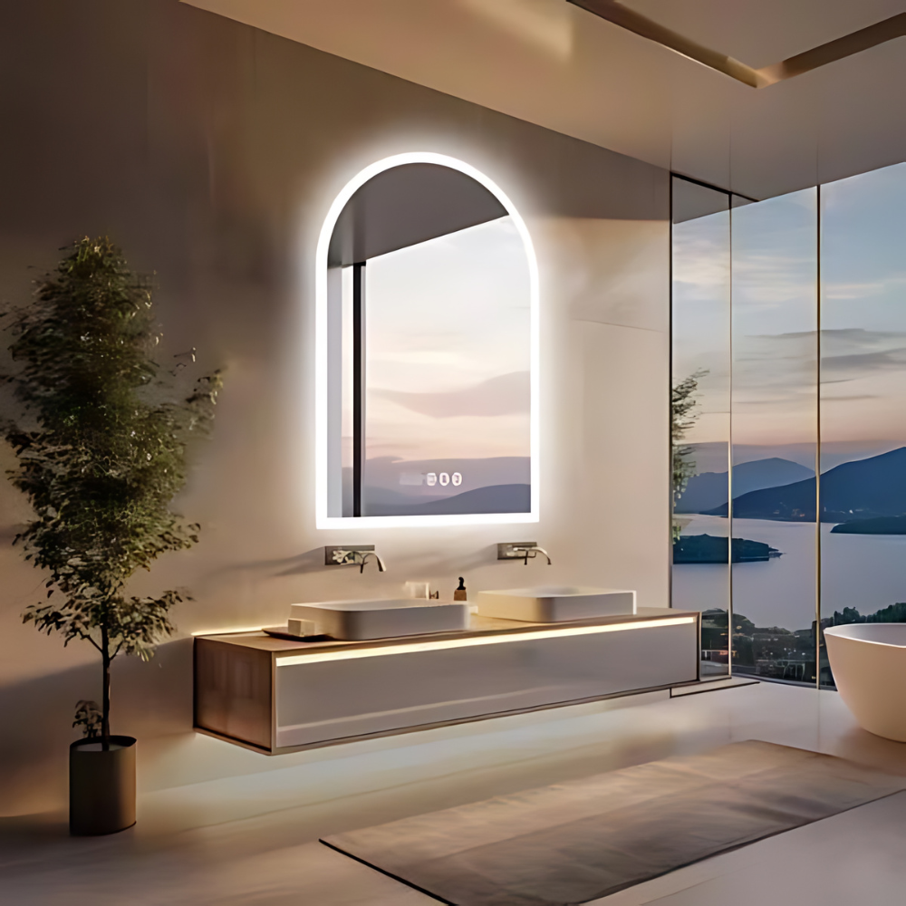Chic Backlit Bathroom Vanity Mirror with Time and Temperature Display
