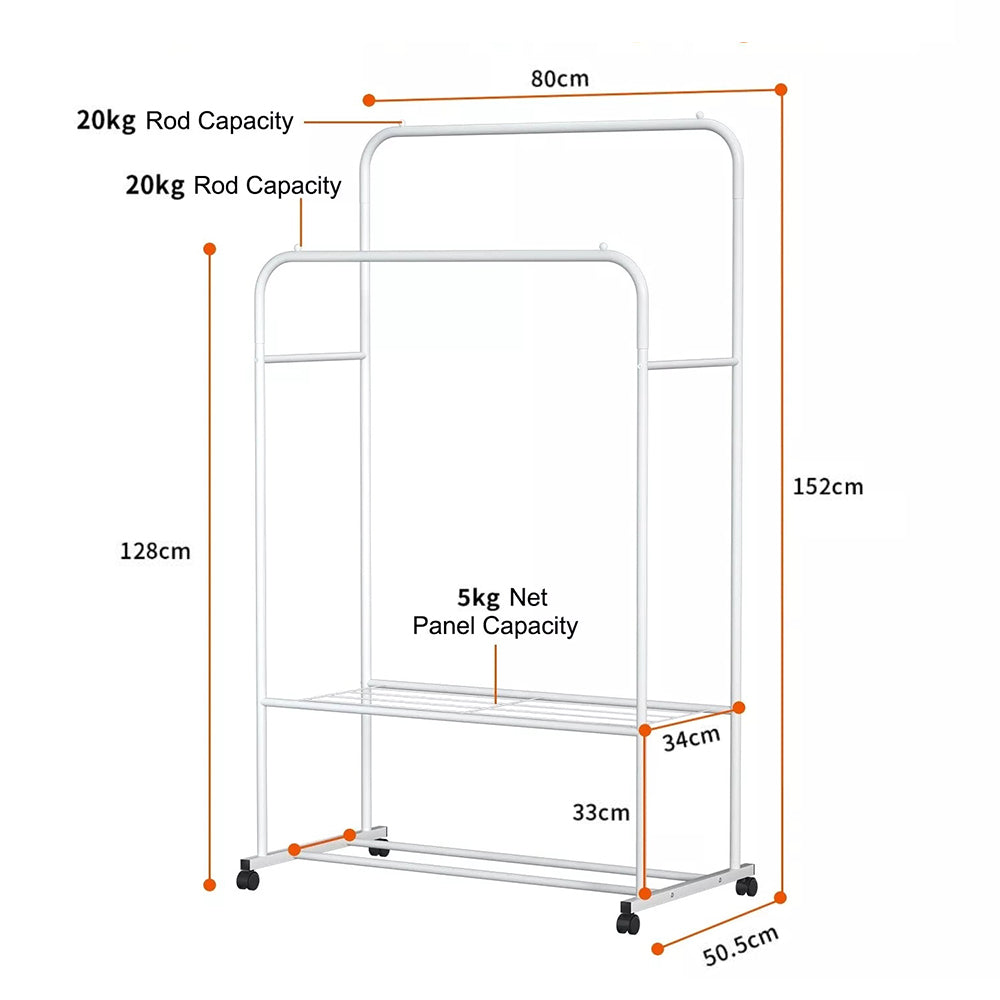 1.5m Clothes Rack Double Rail Rolling Stand Shoes Rack Storage Shelf