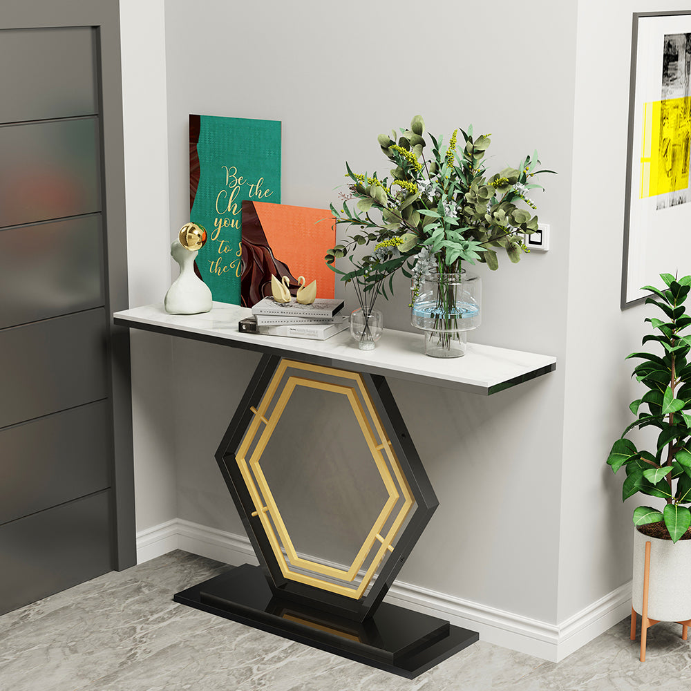 Console Table Sintered Stone Top Narrow Entryway Sofa Side Table Geometric Base