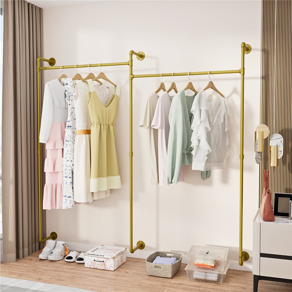 Industrial Pipe Clothing Rack Wall Mounted with Hanging Rods - Gold