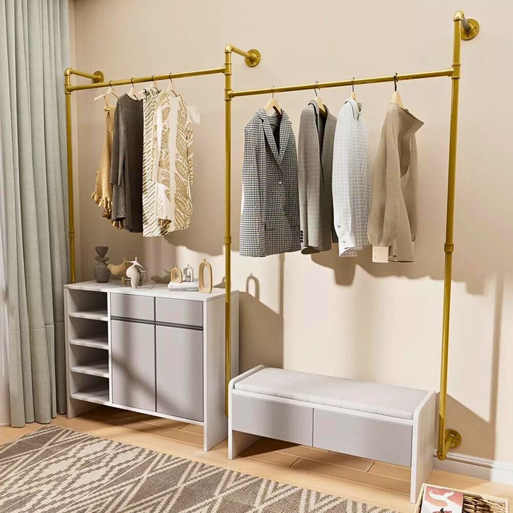 Industrial Pipe Clothing Rack Wall Mounted with Hanging Rods - Gold